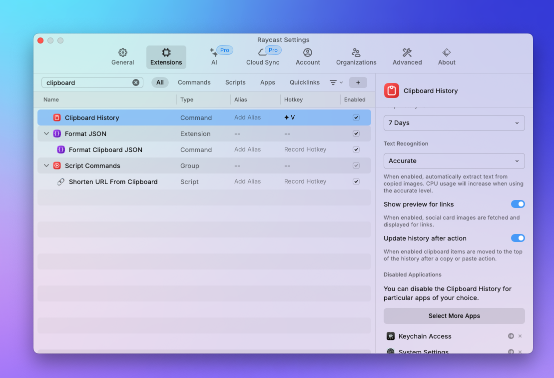 Raycast Clipboard history settings