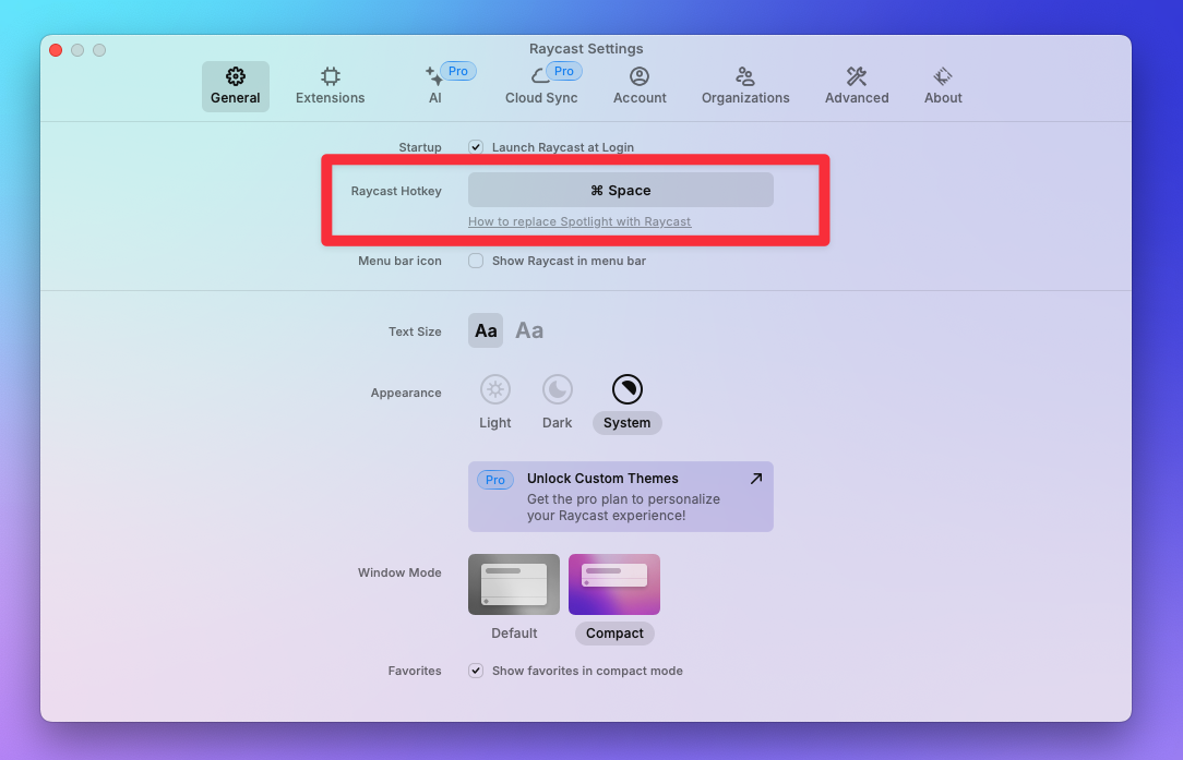 Raycast General tab to record a hotkey