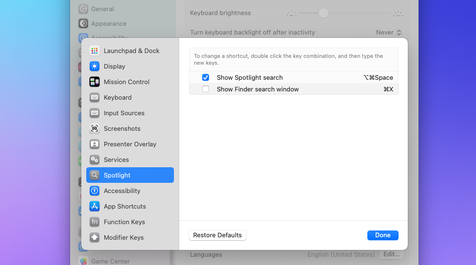 System settings to replace Spotlight shortcut